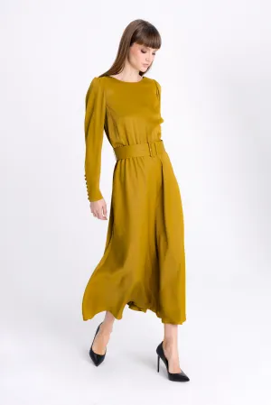 DARK MUSTARD MIDI DRESS WITH DECORATIVE CUFFS