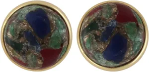 Designer Gemstone Brass Natural Mohave Turquoise. Single Bail Gold Plated Round Stud Earrings