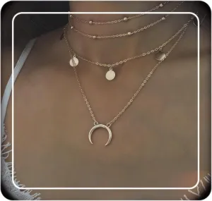Doubnine Double Strand Necklaces Layering Horn Moon Disk Pendant 3 Way Choker Gold Sequins Chic Jewelry Accessories for Women Set of 3