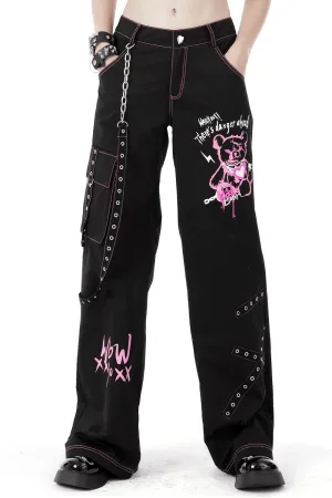 Edgy Punk Rock Wide Pants with Chains and Pockets