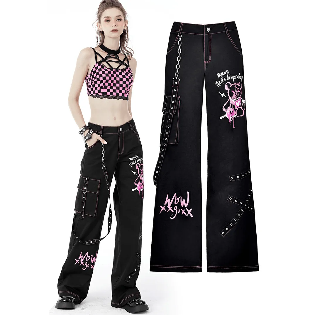 Edgy Punk Rock Wide Pants with Chains and Pockets