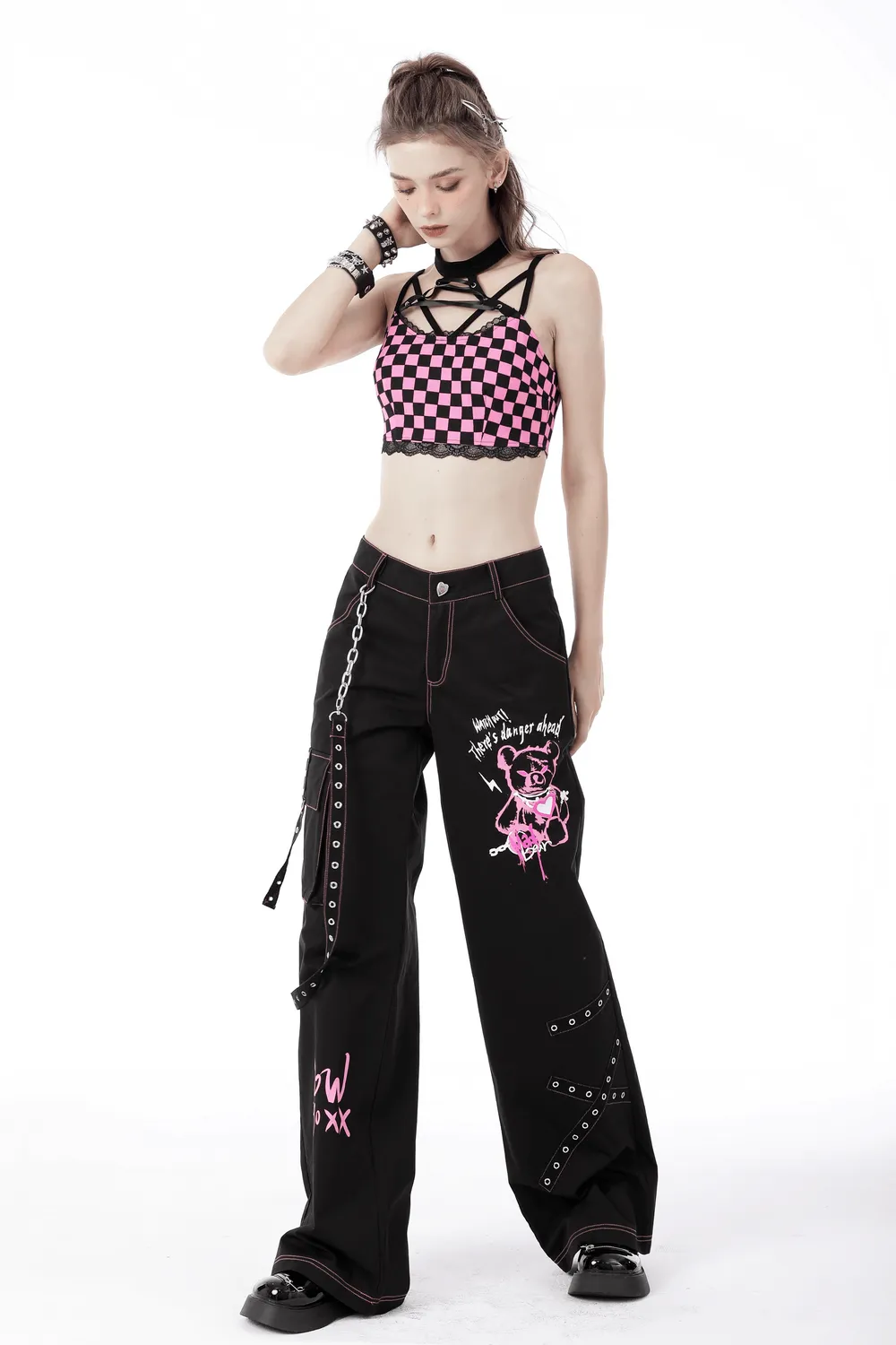 Edgy Punk Rock Wide Pants with Chains and Pockets