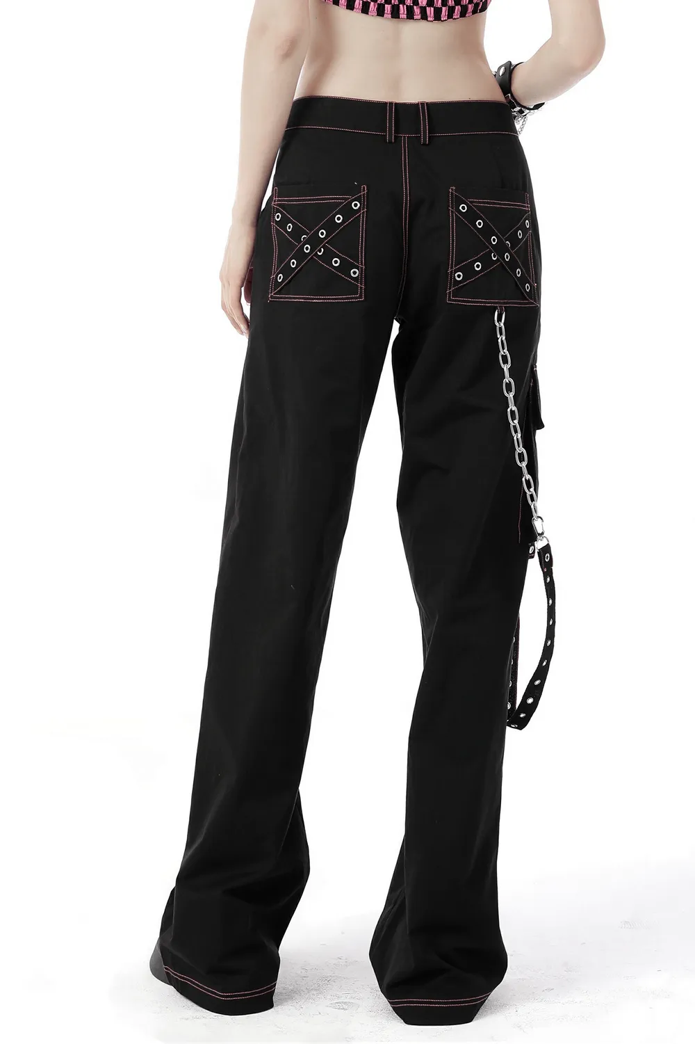 Edgy Punk Rock Wide Pants with Chains and Pockets