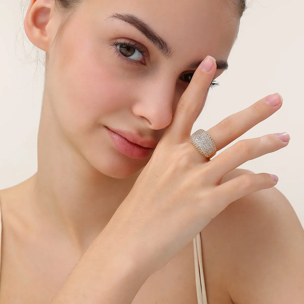 Elizabeth Contemporary Cubic Zirconia Adjustable Ring In Gold-Tone