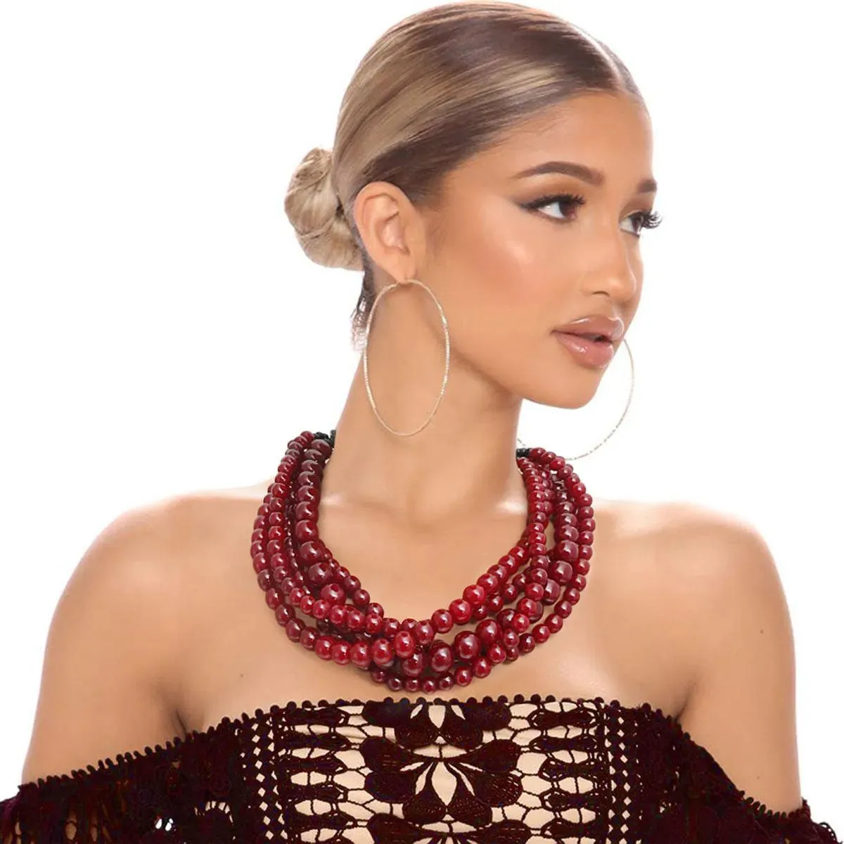 Fashion Necklace Dark Red Multi-Strand Design