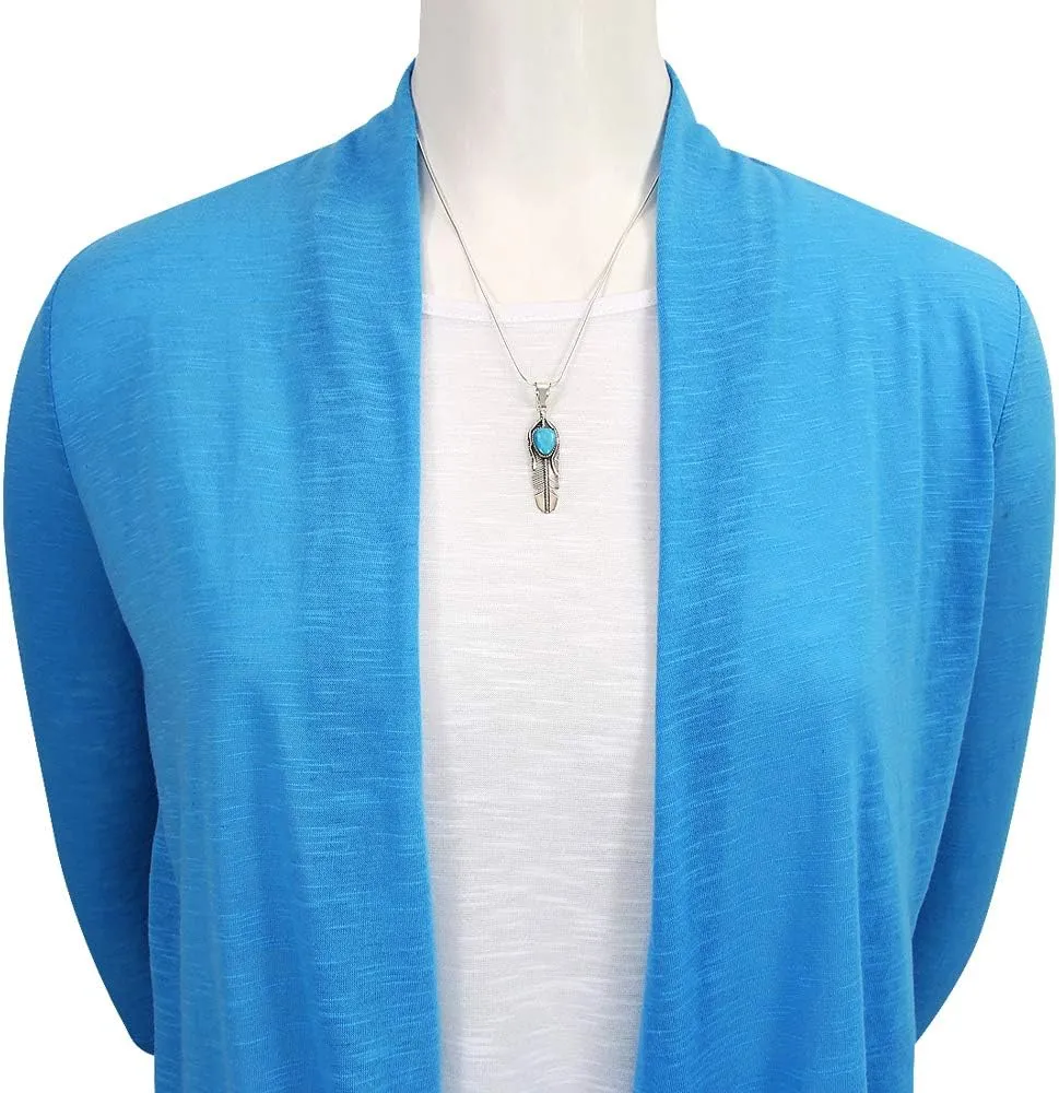 Feather Turquoise Pendant Necklace 20" Sterling Silver 925 Genuine Gemstones (Choose Color)