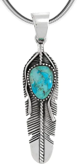 Feather Turquoise Pendant Necklace 20" Sterling Silver 925 Genuine Gemstones (Choose Color)