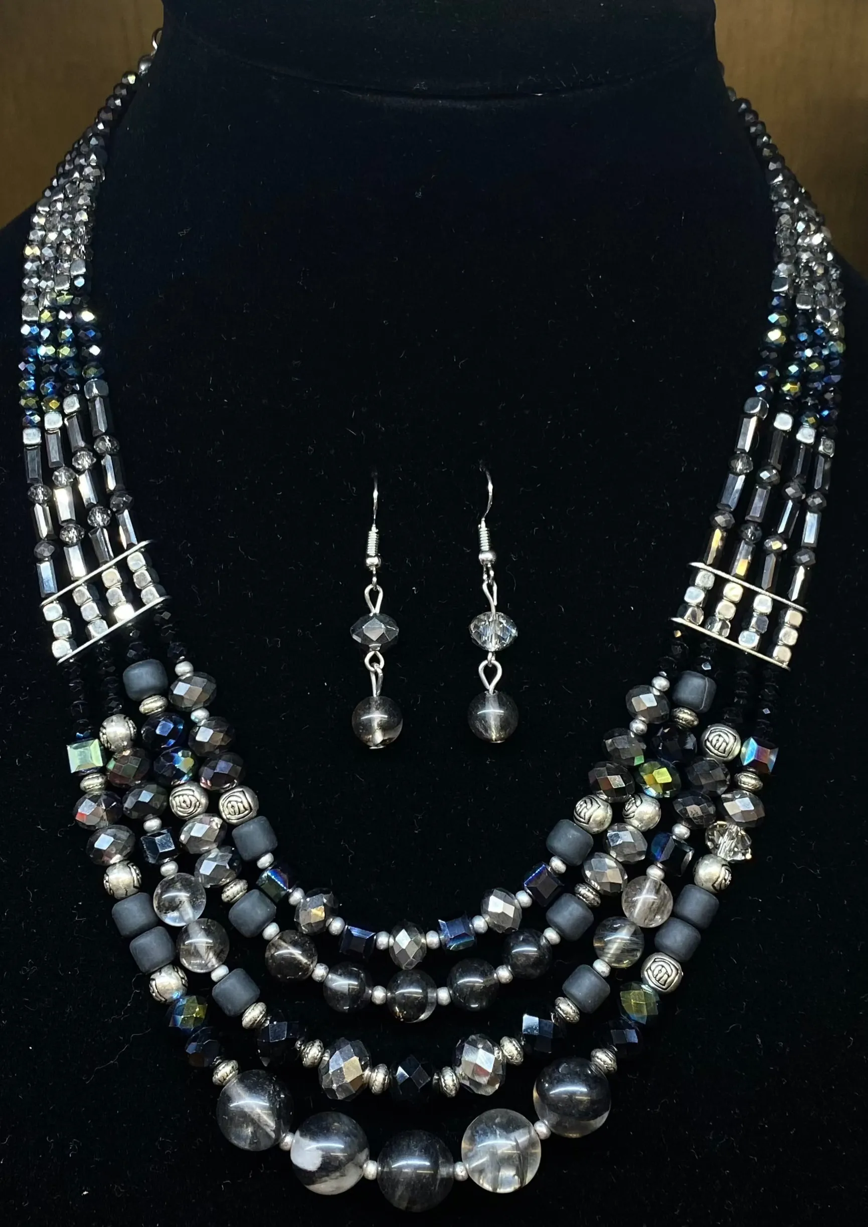 Four Strand Black & Grey Necklace w/ Earrings