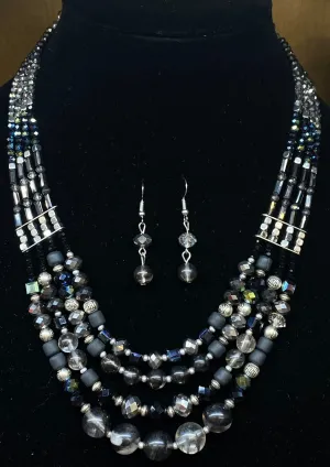 Four Strand Black & Grey Necklace w/ Earrings