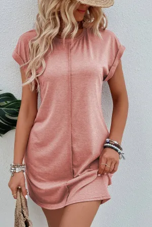 French Center Seam Rolled Cuffs T-shirt Dress - Light Rose