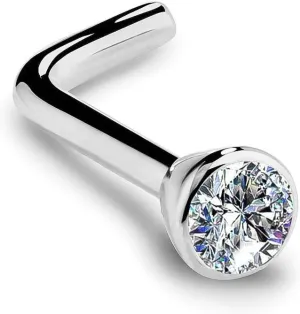 FreshTrends 14K White Gold Diamond Nose Ring w/Flush Bezel - USA Made - 18G Diamond Stud Nose Ring