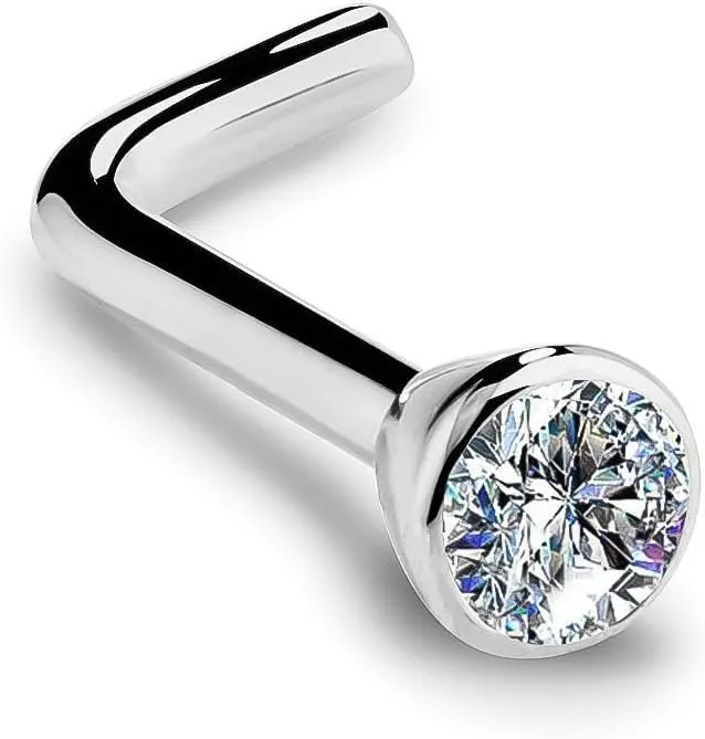 FreshTrends 14K White Gold Diamond Nose Ring w/Flush Bezel - USA Made - 18G Diamond Stud Nose Ring