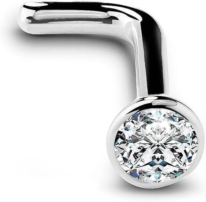FreshTrends 14K White Gold Diamond Nose Ring w/Flush Bezel - USA Made - 18G Diamond Stud Nose Ring