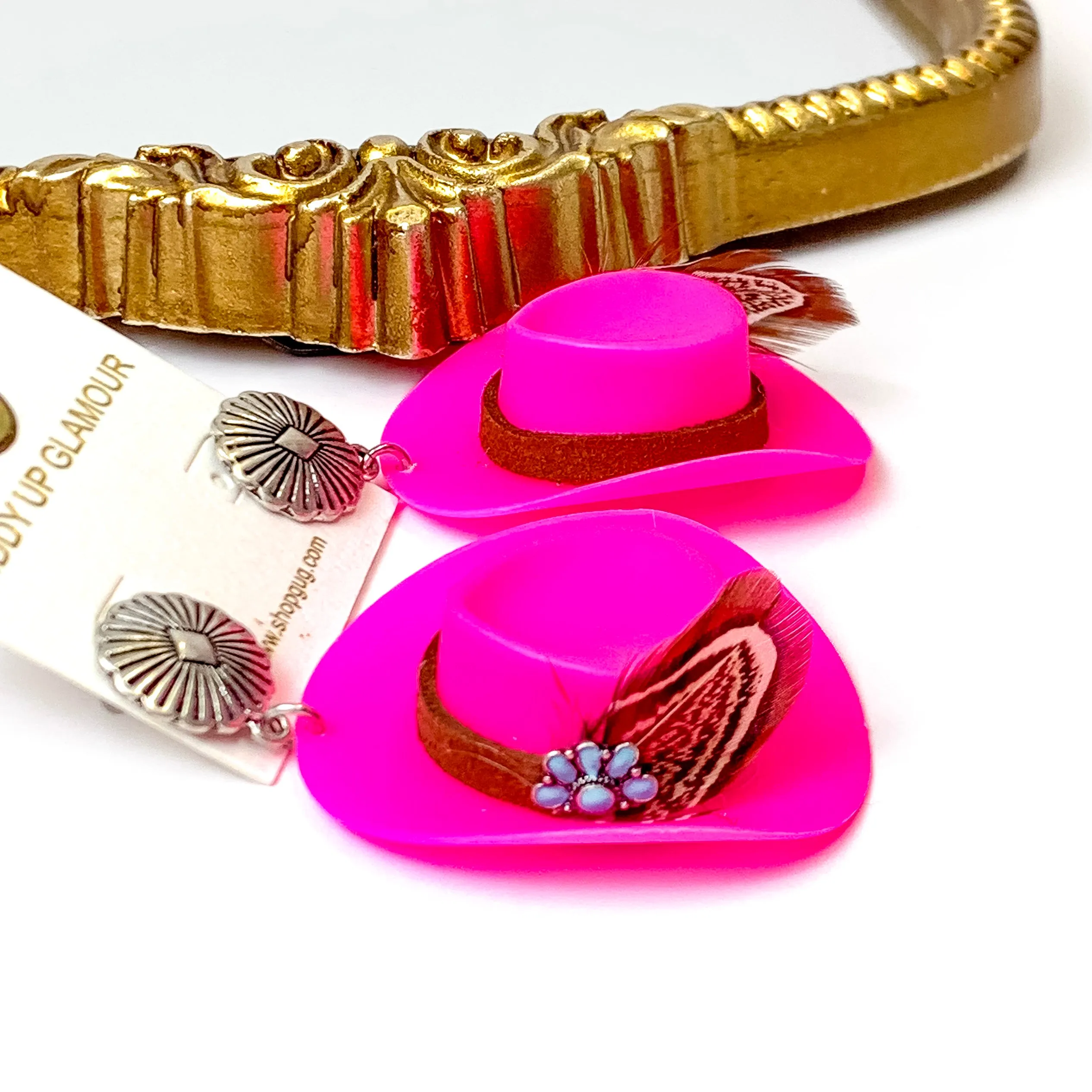 Fuchsia Pink Cowboy Hat and Feather Drop Earrings