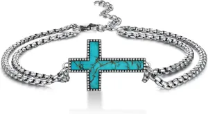 Genuine Turquoise Bracelet for Men 925 Sterling Silver Cross Bracelet Vintage Western Religious Cross Turquoise Jewelry for Men