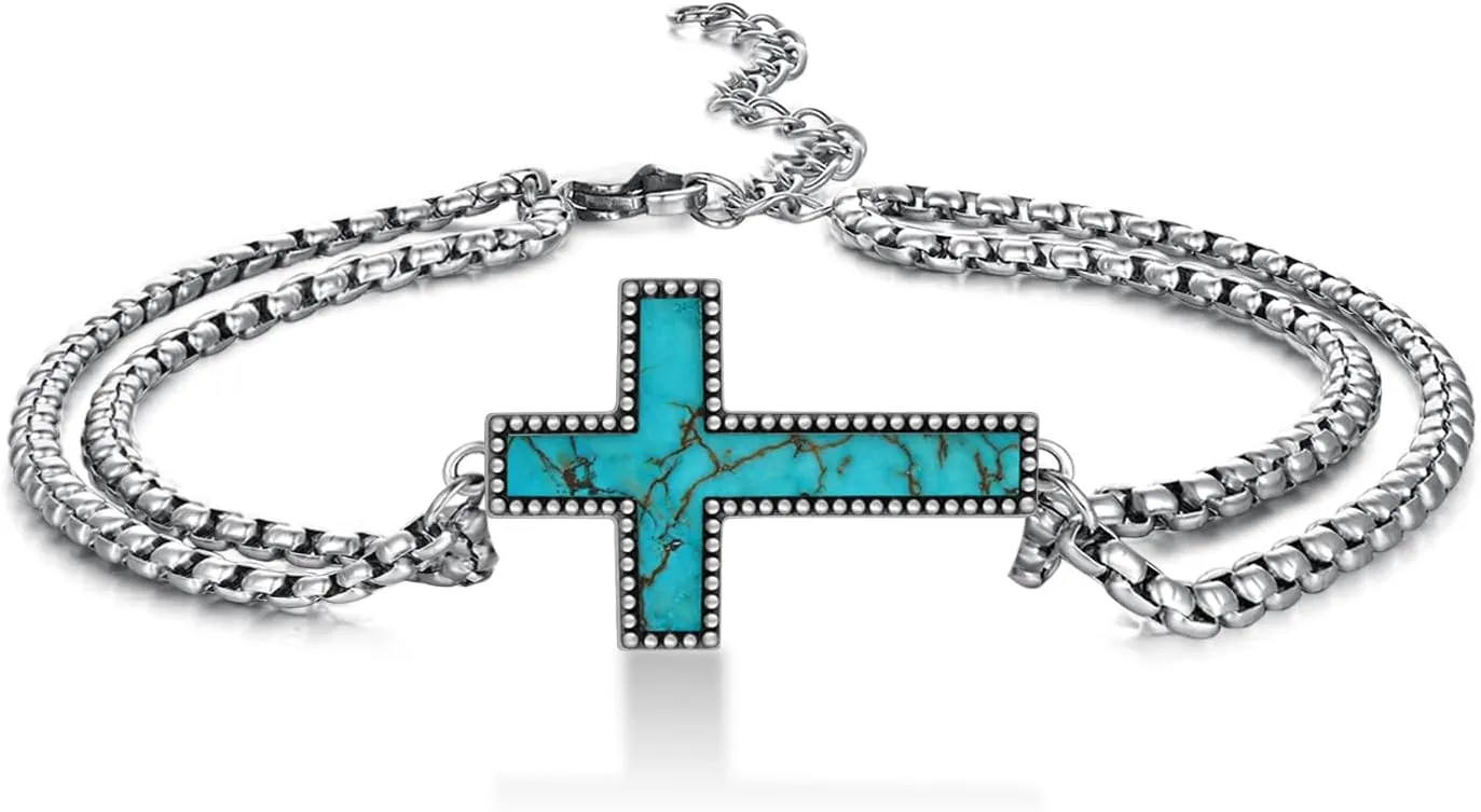Genuine Turquoise Bracelet for Men 925 Sterling Silver Cross Bracelet Vintage Western Religious Cross Turquoise Jewelry for Men
