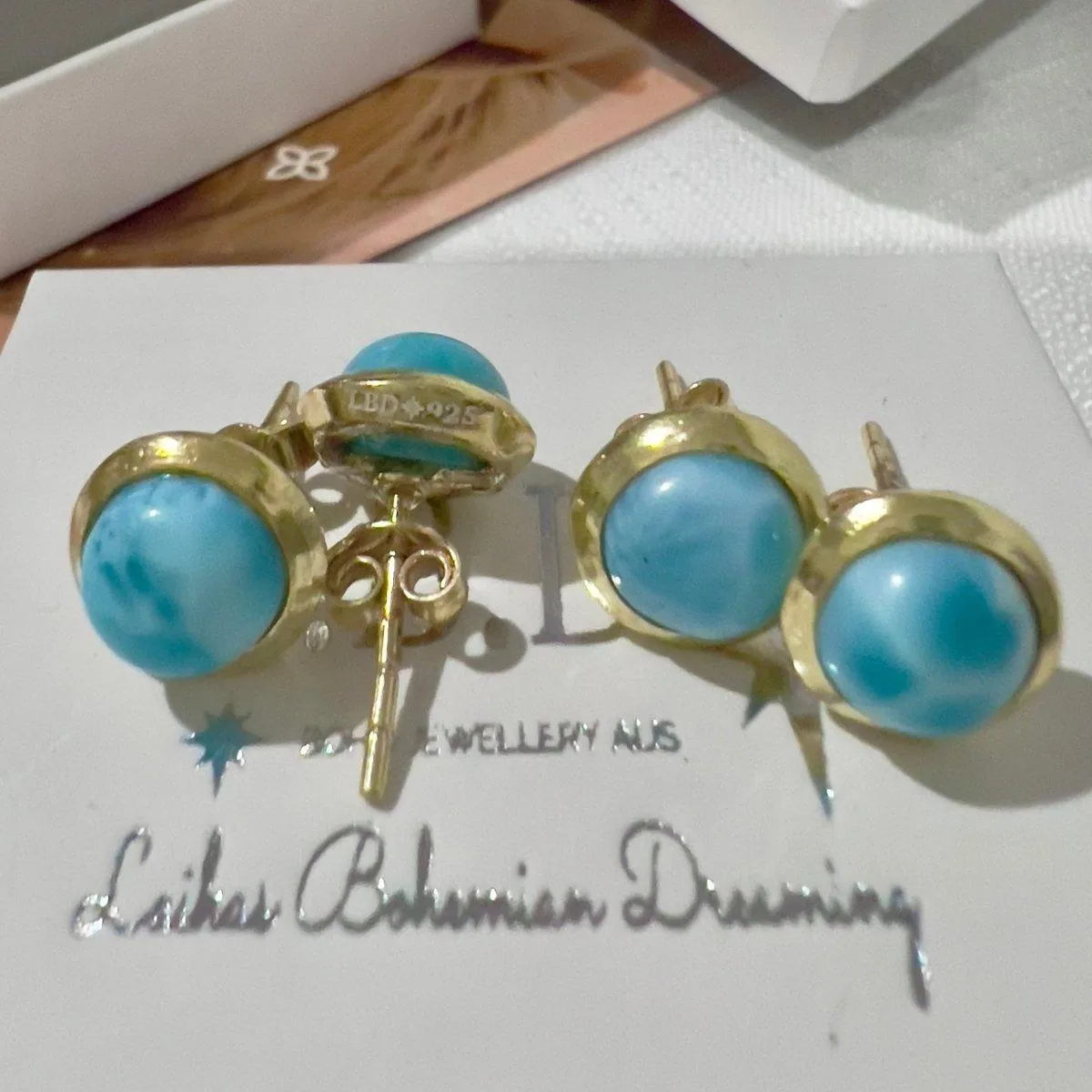 Gold Larimar Stud Earrings- Classic Chic Round