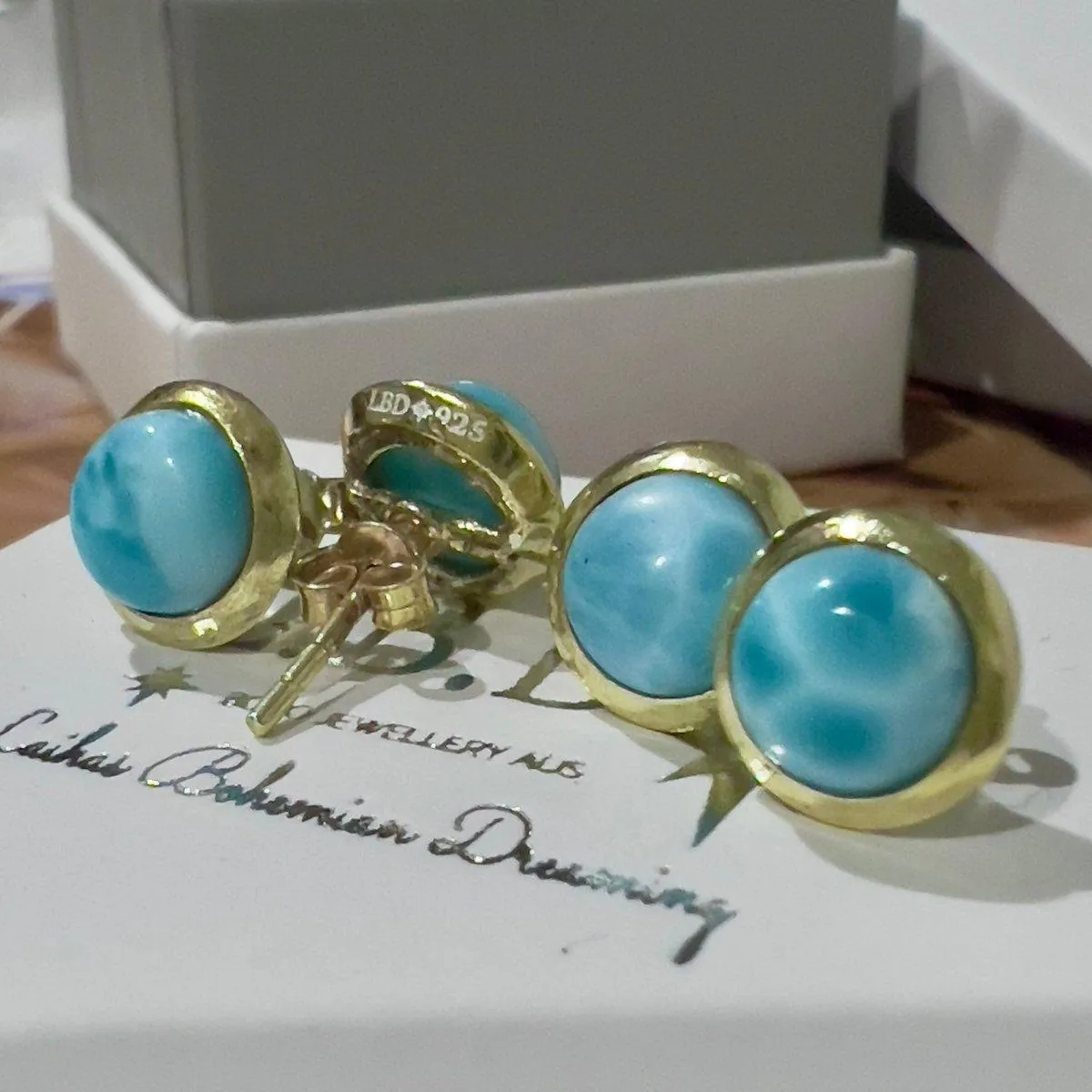 Gold Larimar Stud Earrings- Classic Chic Round