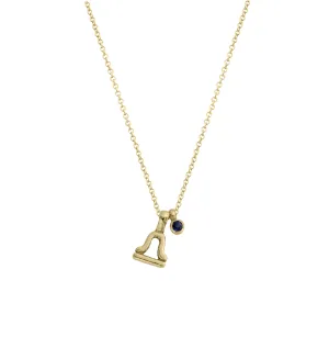 Gold Mini Libra Horoscope & Blue Sapphire Birthstone Necklace