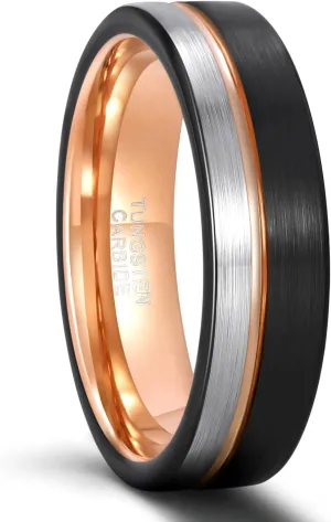 Greenpod 6mm 8mm Black Tungsten Ring for Men Blue/Rose Gold/Silver Thin Groove Line Dome Brushed Comfort Fit Size 6-15