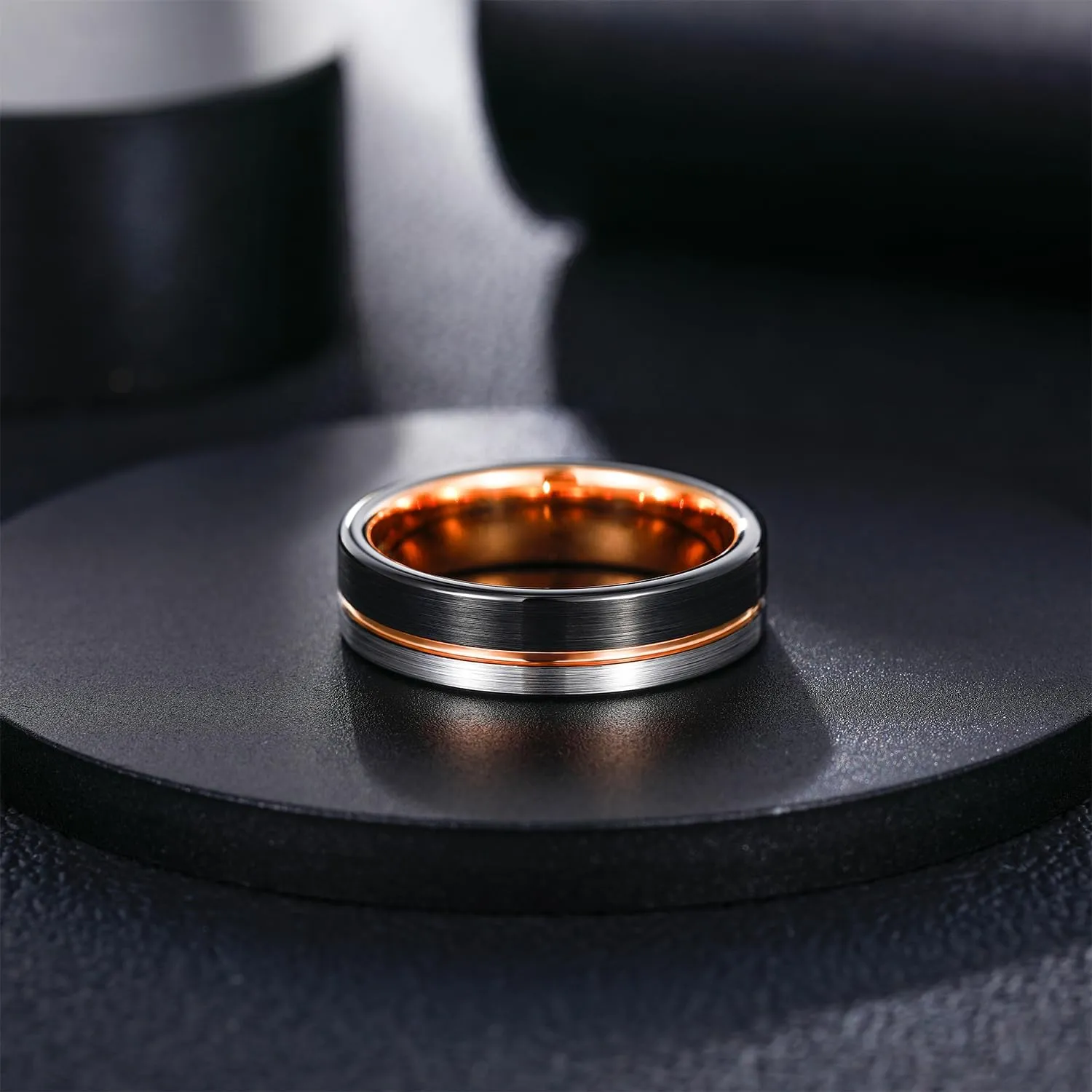 Greenpod 6mm 8mm Black Tungsten Ring for Men Blue/Rose Gold/Silver Thin Groove Line Dome Brushed Comfort Fit Size 6-15
