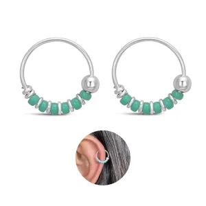 Handmade Silver Pair Small 10MM Cartilgae Helix Piercing Beaded Hoop Earrings, 925 Sterling Silver, Thin 22Gauge Turquoise Color Beads Hoops for women, By Miya Jewelry Creations
