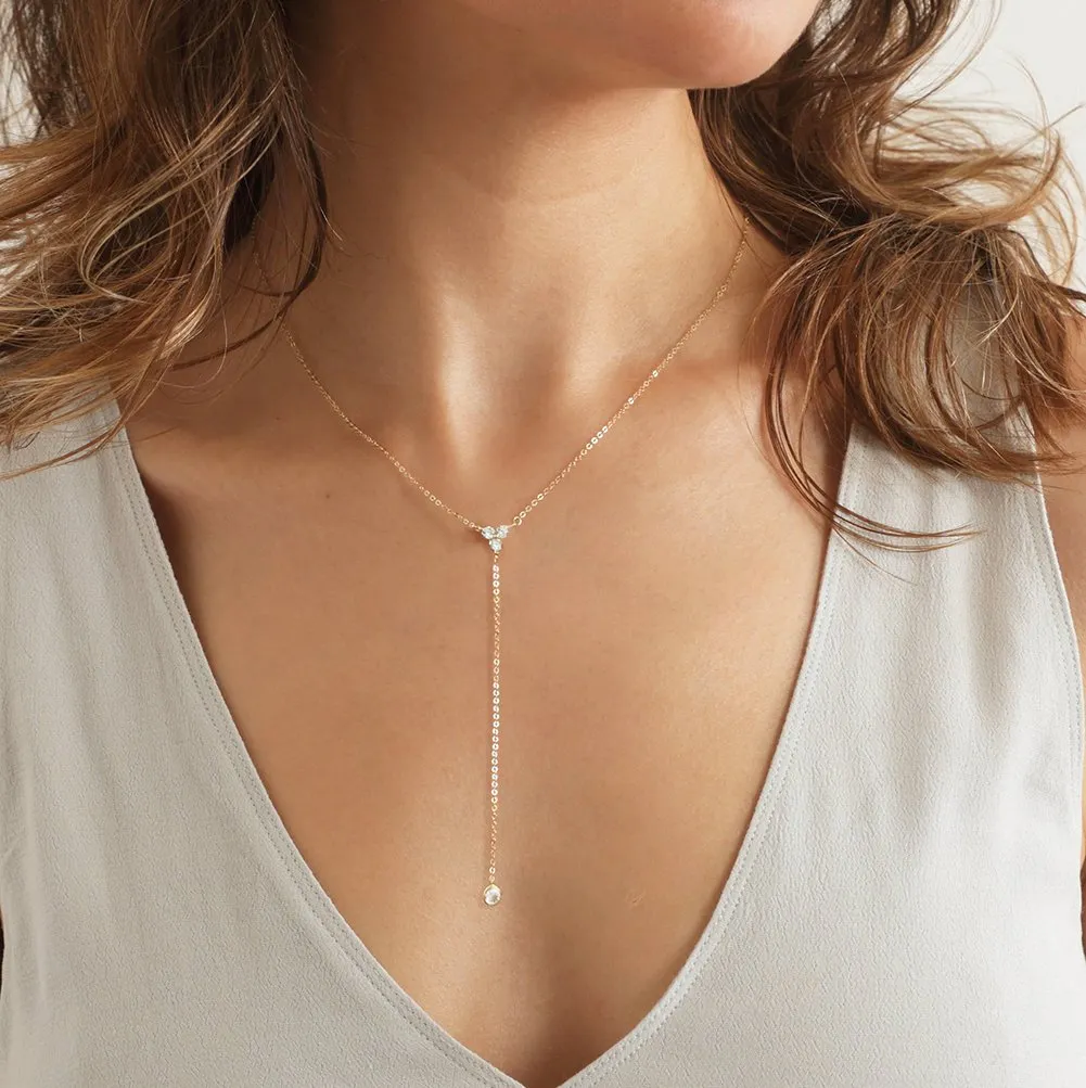 Handmade Sterling Silver Lariat Necklace, Simulated Diamond 18K Gold Plated Dainty Drop Y Chain Necklace for Women (Gold)