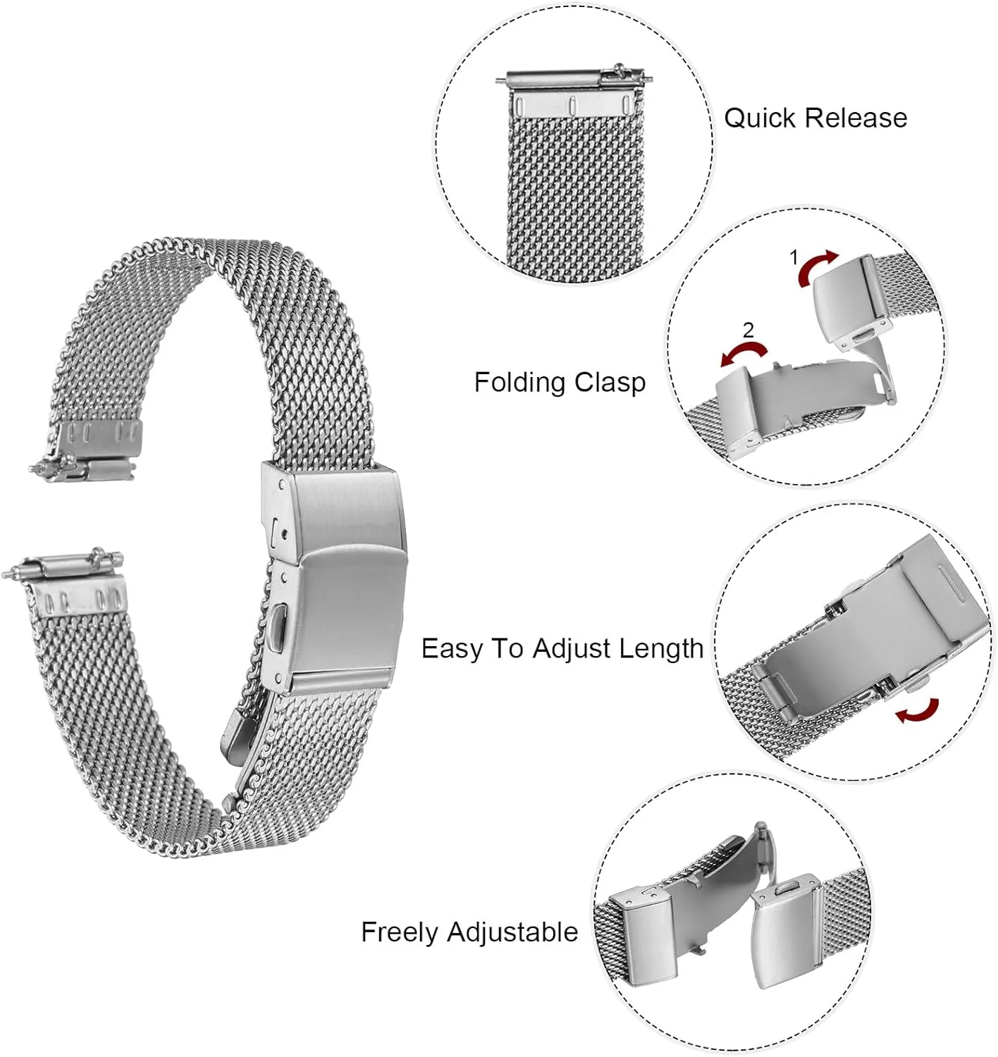 HARFINGTON Stainless Steel Mesh Watch Band Quick Release Metal Watch Strap Adjustable Fold Clasp Replacement Bands