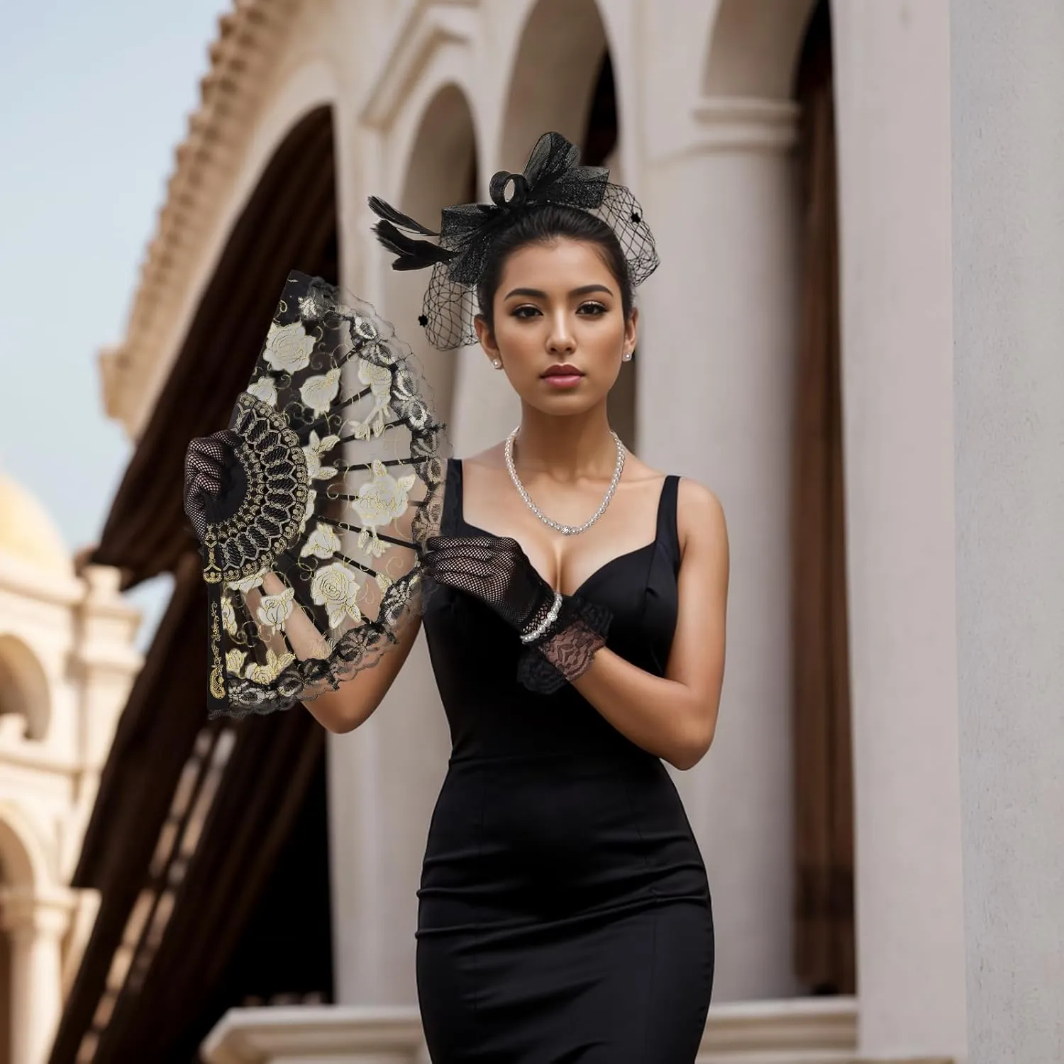Heliltd 6pcs 1920s Fascinators for Women Tea Party Fascinator Hat for Women Black Hat Gloves Lace Fan Pearl Jewelry Set
