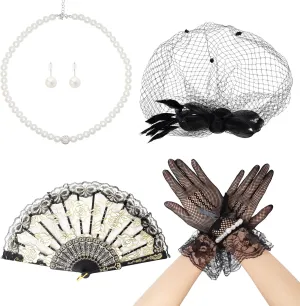 Heliltd 6pcs 1920s Fascinators for Women Tea Party Fascinator Hat for Women Black Hat Gloves Lace Fan Pearl Jewelry Set