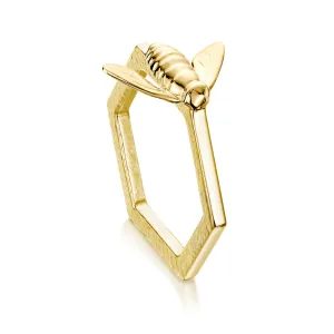 Honeycomb & Bee Hexagon Ring in 9ct Yellow Gold