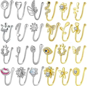 JDXN 24 PCS Fake Nose Rings Set Ear Clips Non Piercing Earrings Inlaid CZ Non Piercing Jewelry Fake Nose Ring Spring Clip on Circle Hoop No Pierced Body Jewelry Set For Women Men