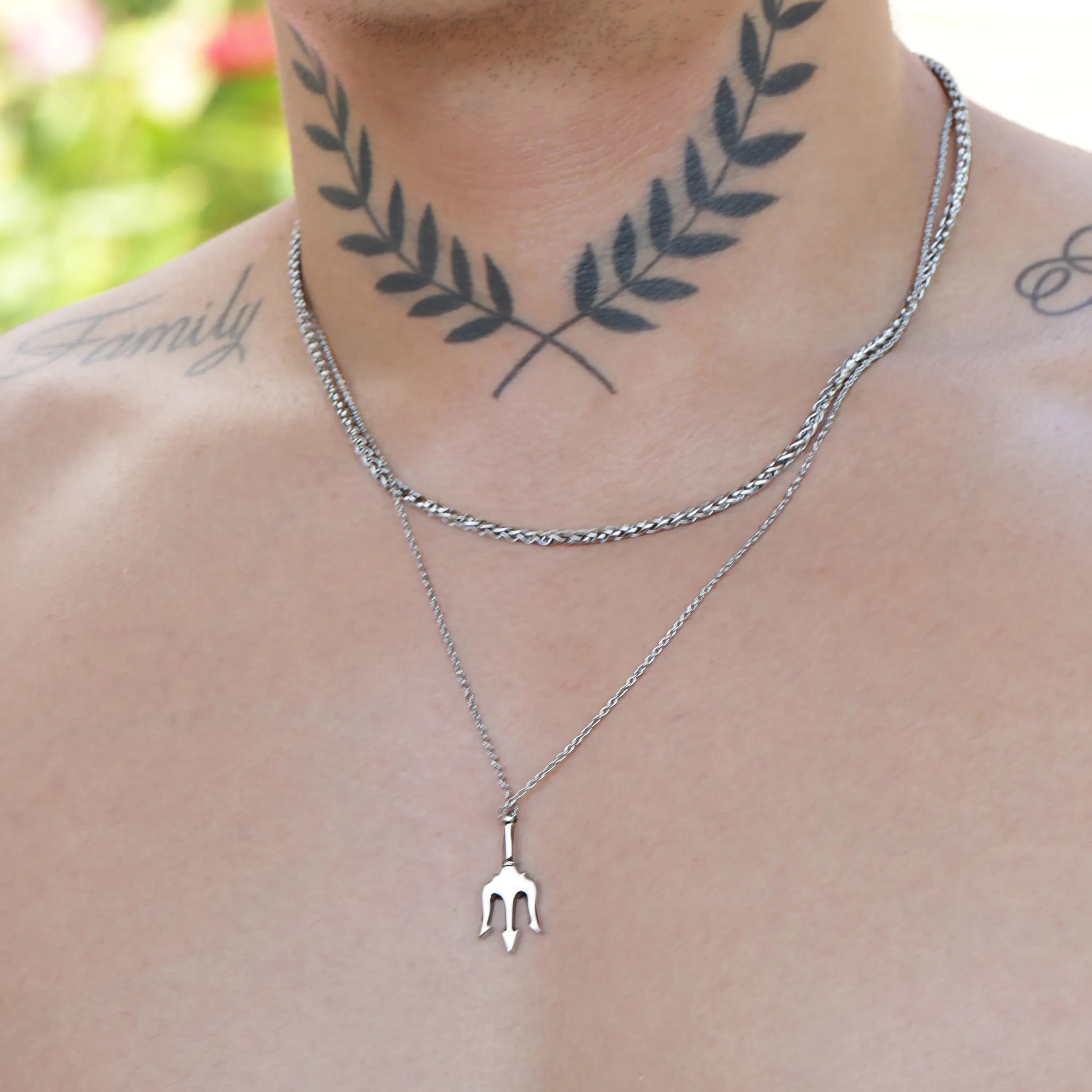 Kaysen Stainless Steel Trident Pendant & Wheat Chain Necklace Set
