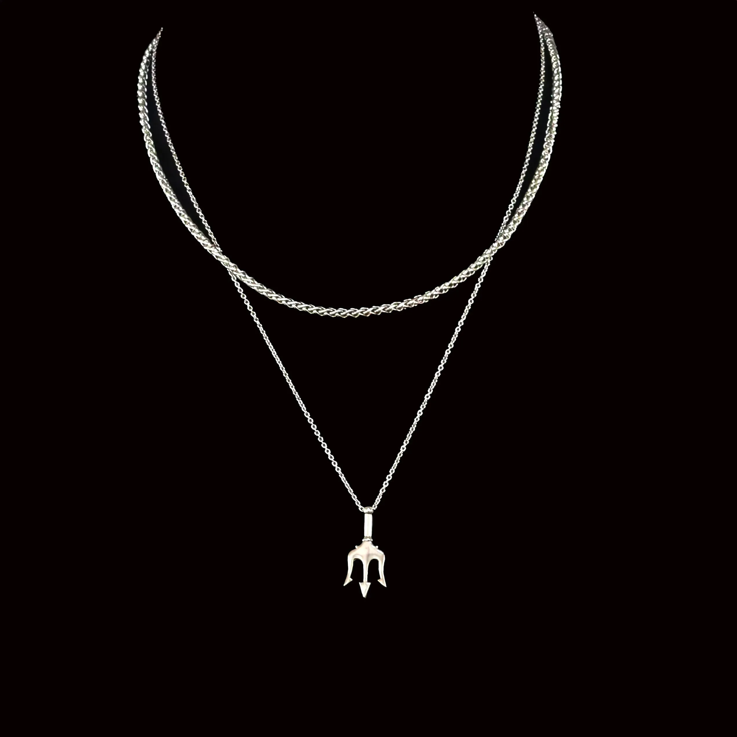 Kaysen Stainless Steel Trident Pendant & Wheat Chain Necklace Set