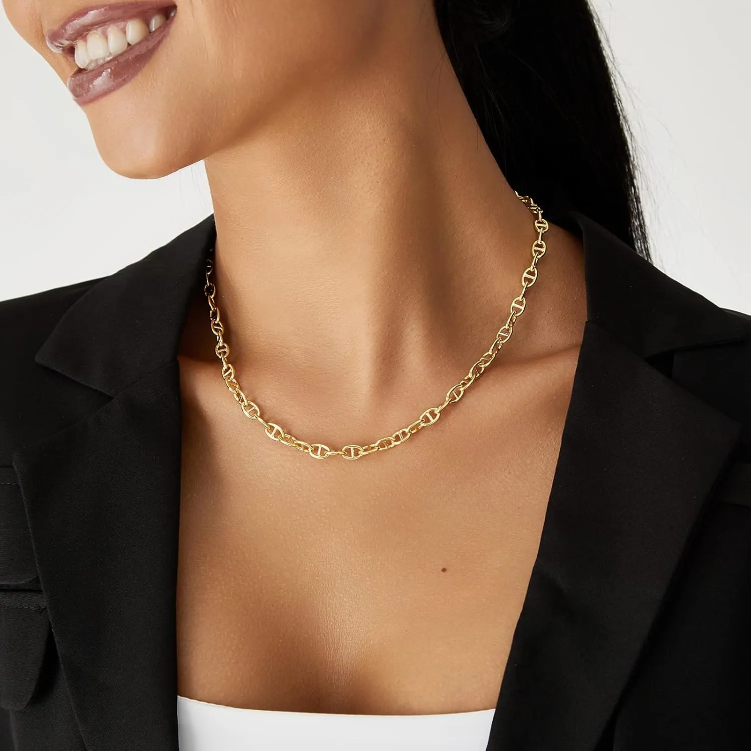 KissYan Gold Necklace for Women, 14K Gold Plated Dainty Chain Choker Chunky Figaro Snake Mariner Cuban Link Chains, Adjustable Trendy Necklaces Handmade Jewelry