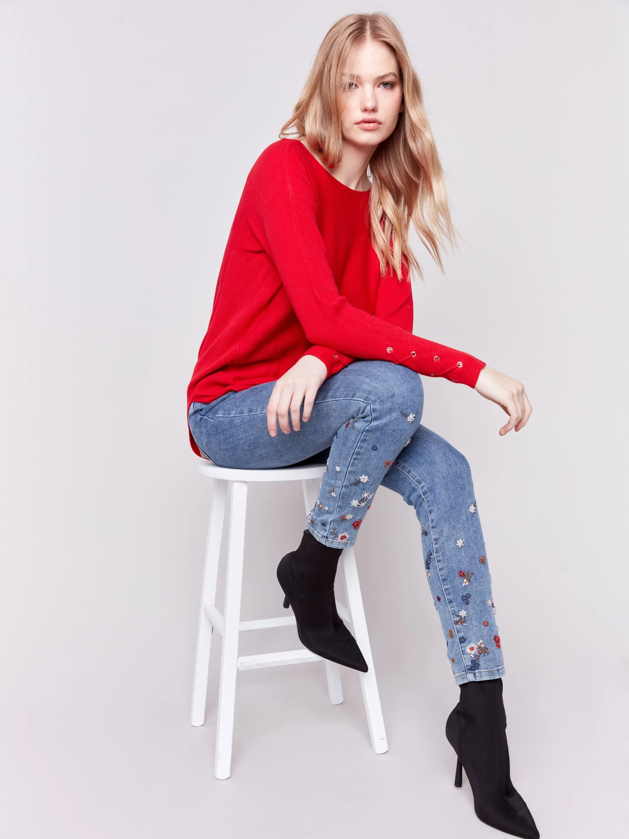 Knit Sweater With Lace-Up Cuffs - Cranberry