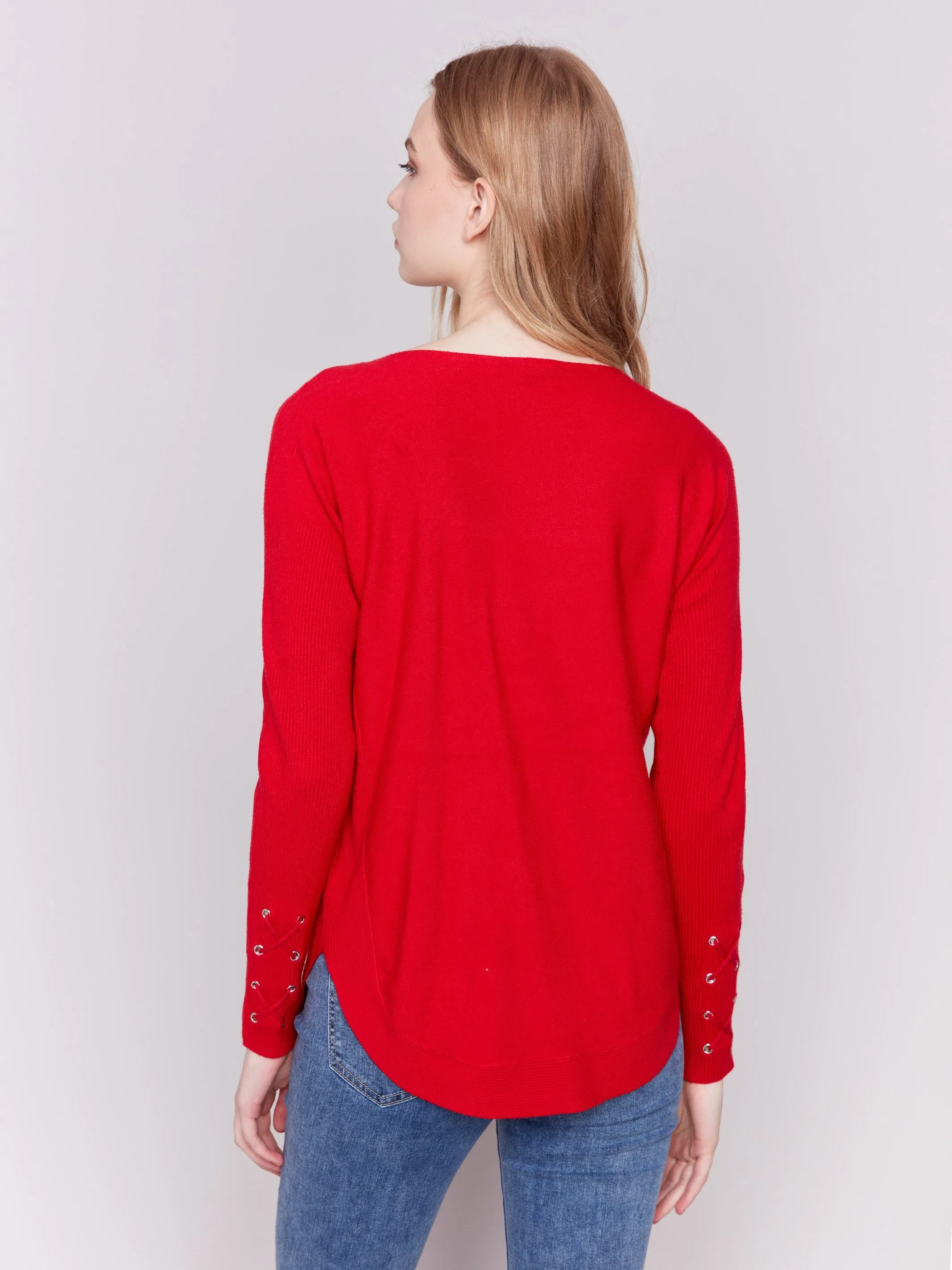 Knit Sweater With Lace-Up Cuffs - Cranberry
