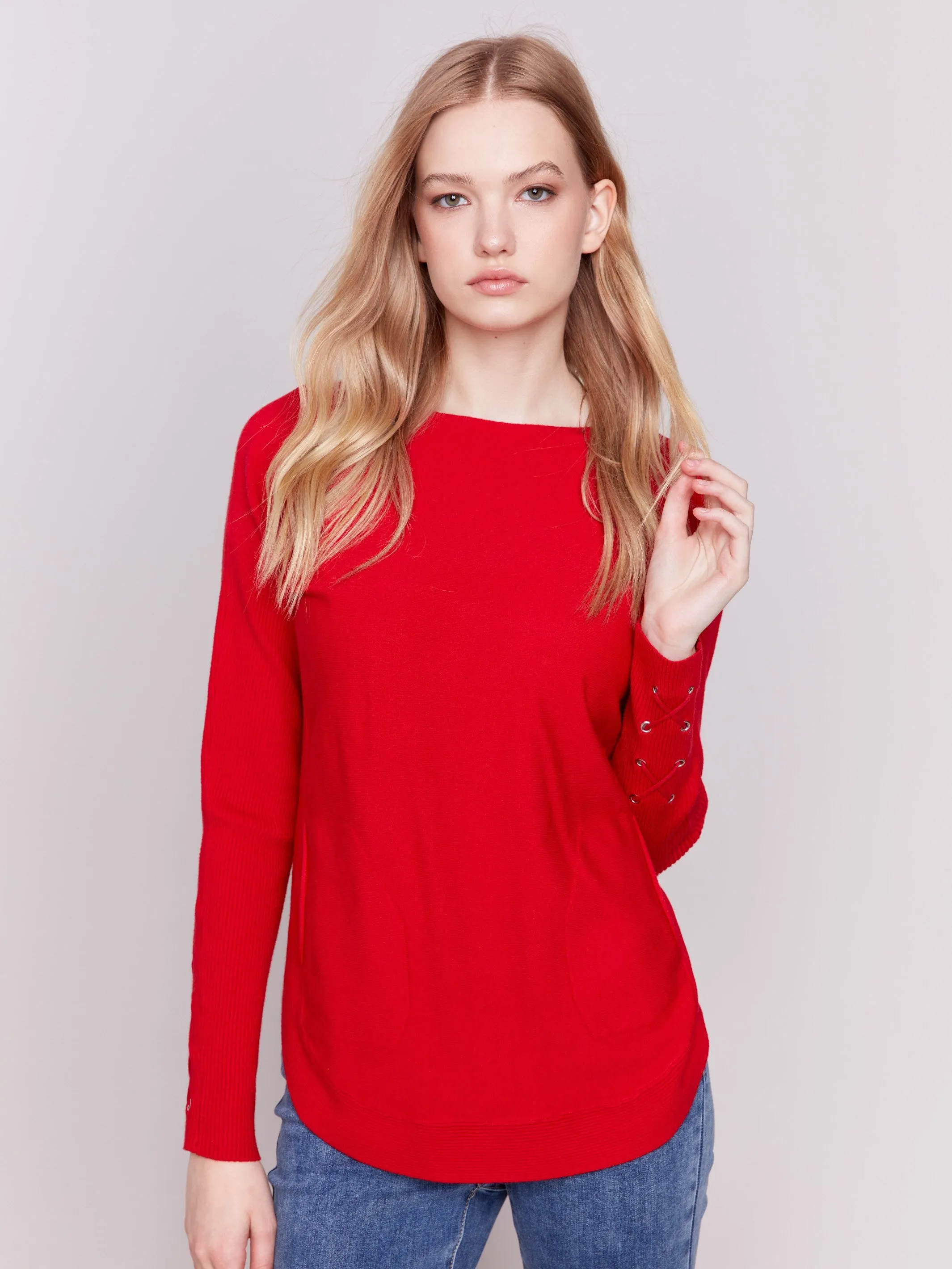 Knit Sweater With Lace-Up Cuffs - Cranberry