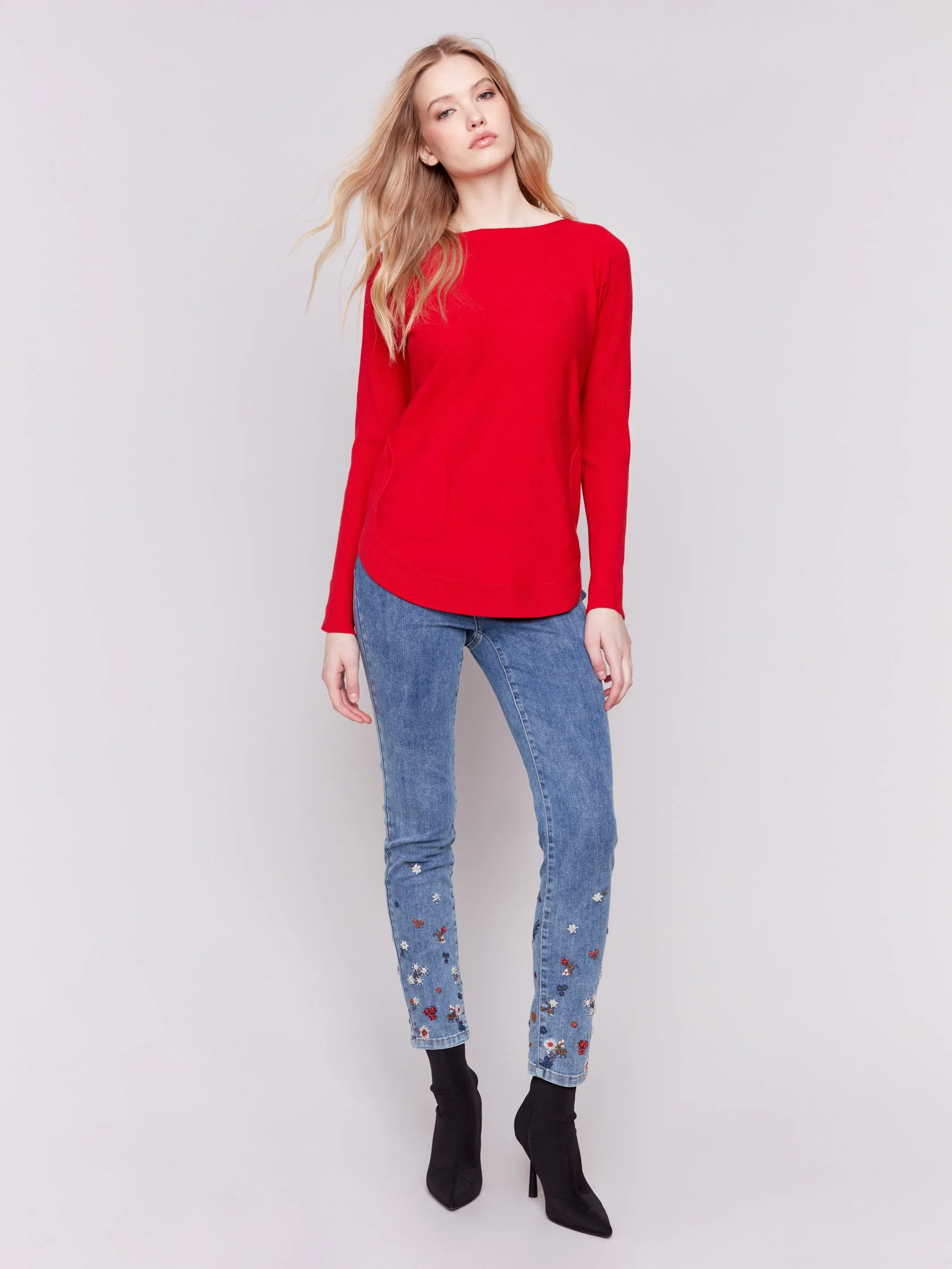 Knit Sweater With Lace-Up Cuffs - Cranberry
