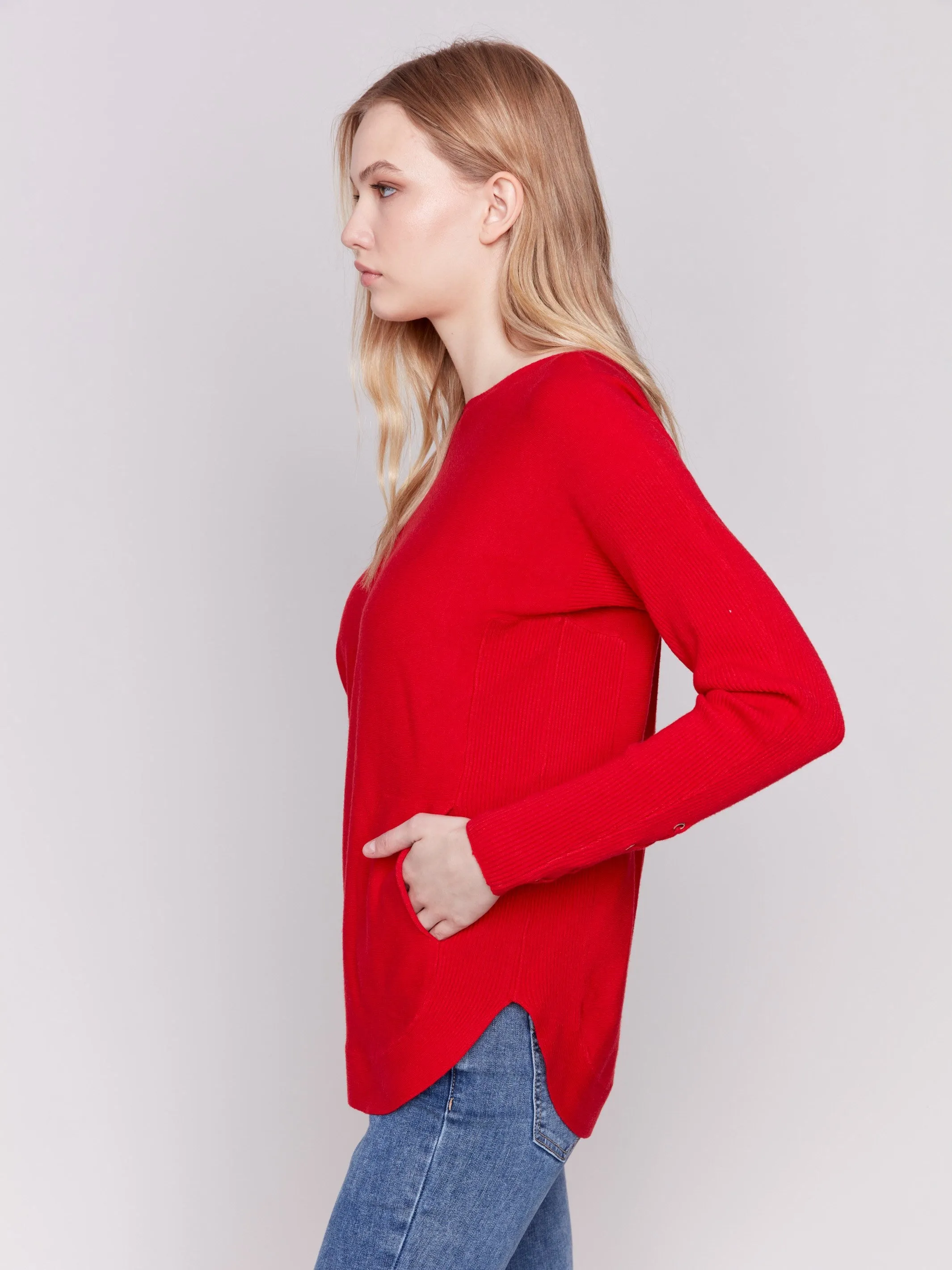 Knit Sweater With Lace-Up Cuffs - Cranberry