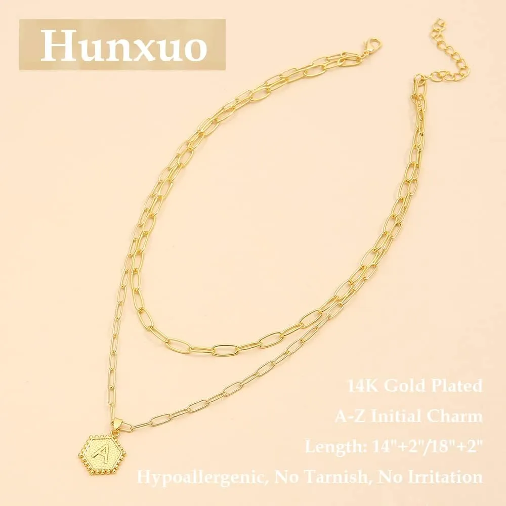 Layered Choker Necklaces for Women, 14K Gold Plated Paperclip Chain Necklace Adjustable Initial Hexagon Coin Pendant with Gift Box