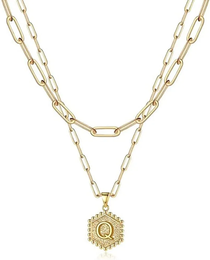 Layered Choker Necklaces for Women, 14K Gold Plated Paperclip Chain Necklace Adjustable Initial Hexagon Coin Pendant with Gift Box