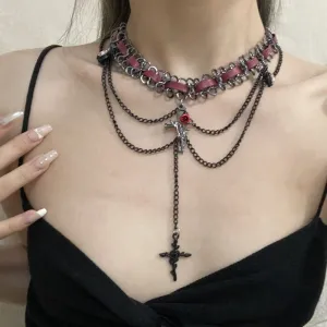 Layered Dark Punk Heart Flower Cross Necklace