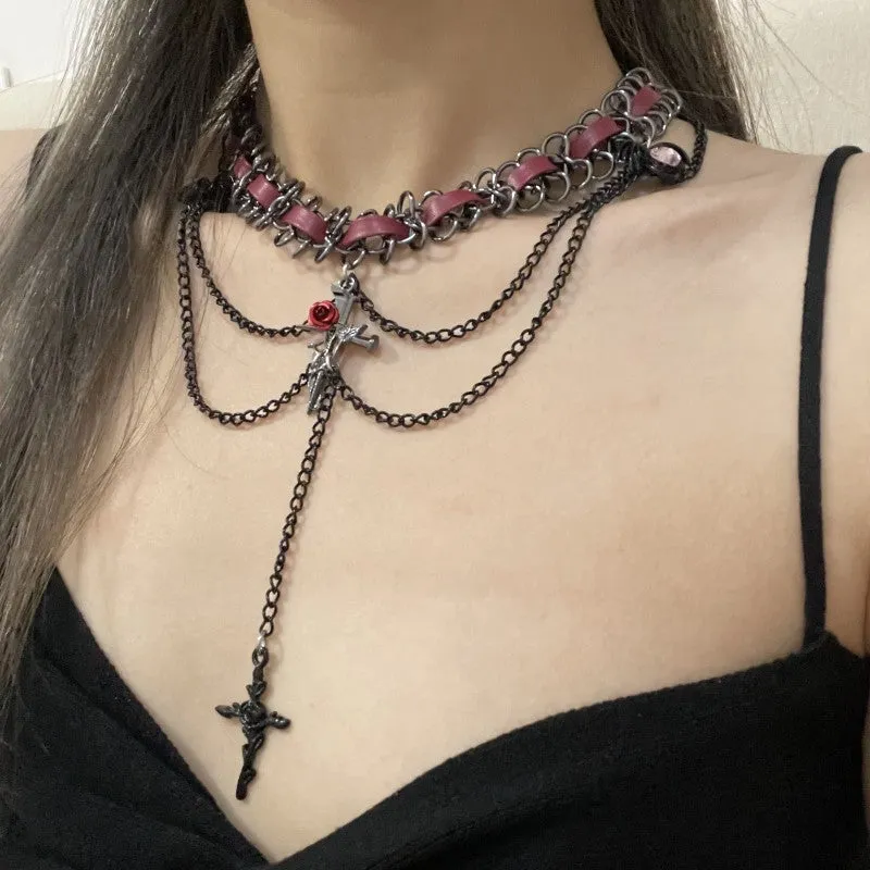 Layered Dark Punk Heart Flower Cross Necklace