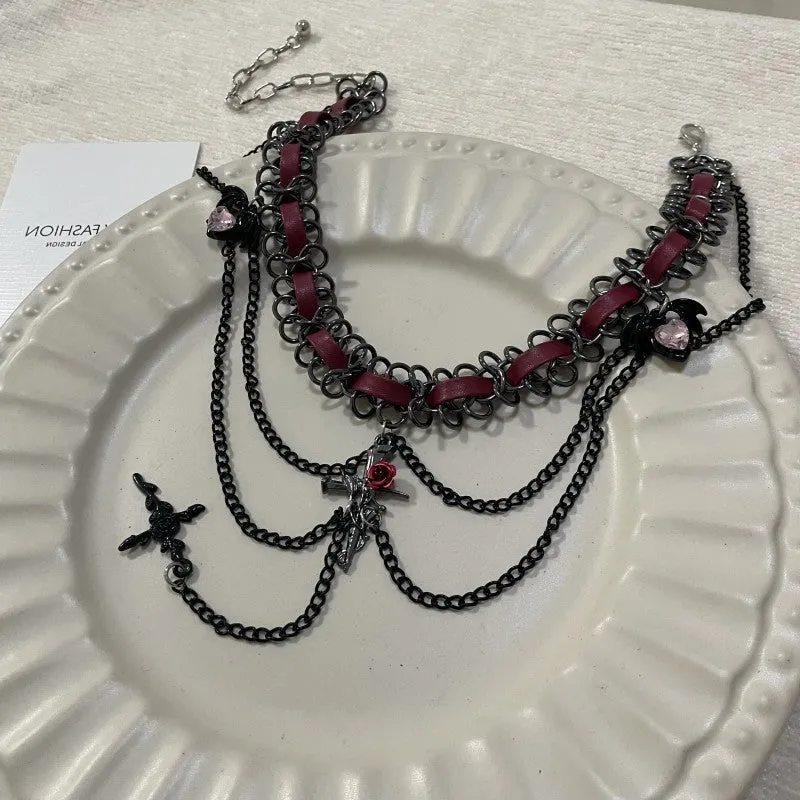 Layered Dark Punk Heart Flower Cross Necklace