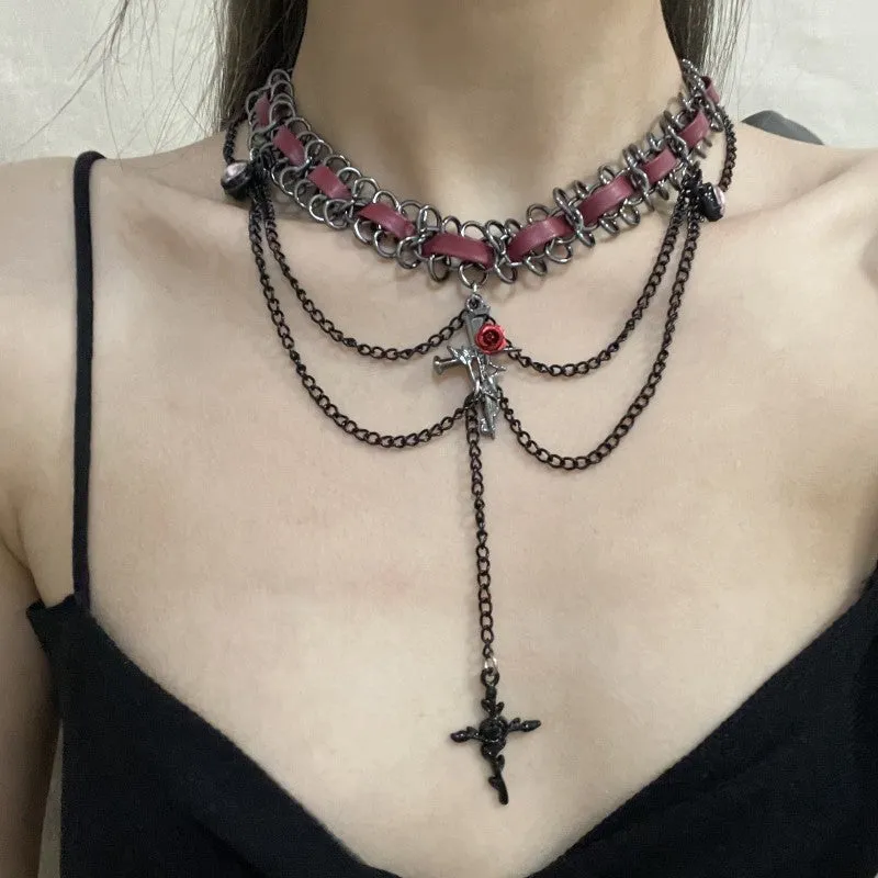 Layered Dark Punk Heart Flower Cross Necklace