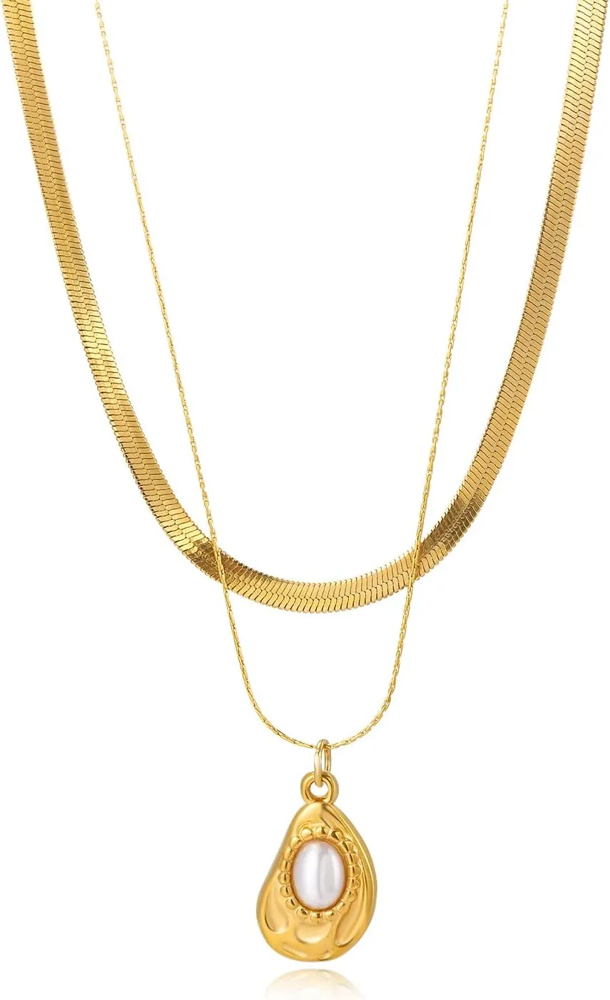 Layered Pearl Pendant Necklace for Women,Stackable Stack Dainty Necklace,Trendy Gold Plated Snake Chain Choker Necklaces,Simple Gold Jewelry Necklaces for Women Prom Party