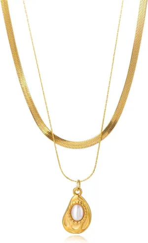 Layered Pearl Pendant Necklace for Women,Stackable Stack Dainty Necklace,Trendy Gold Plated Snake Chain Choker Necklaces,Simple Gold Jewelry Necklaces for Women Prom Party