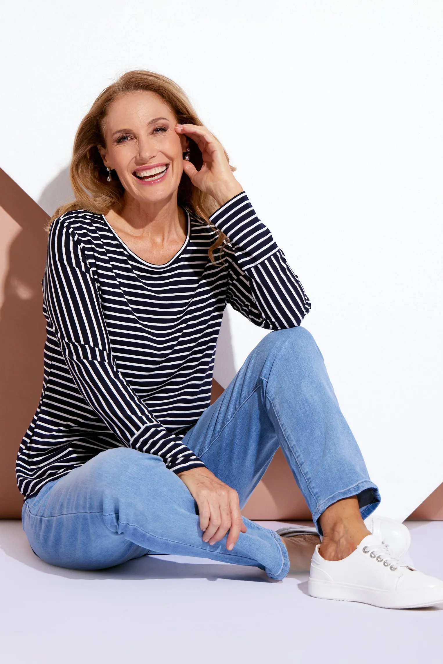 Leoni Long Sleeve Cotton Tee - Navy Stripe