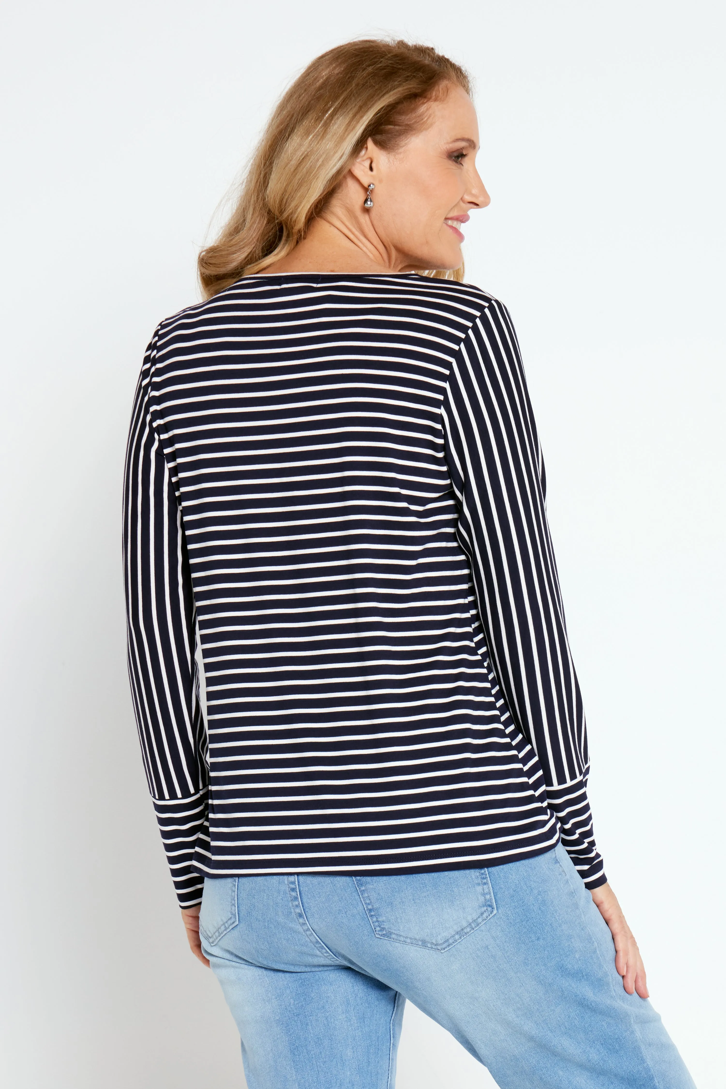 Leoni Long Sleeve Cotton Tee - Navy Stripe